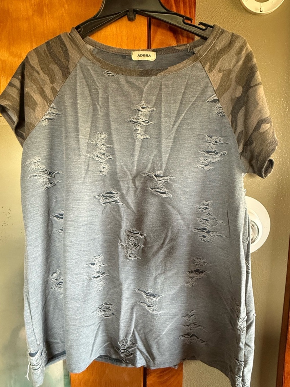 ADORA Grey Distressed Tee with Camouflage Raglan Sleeves